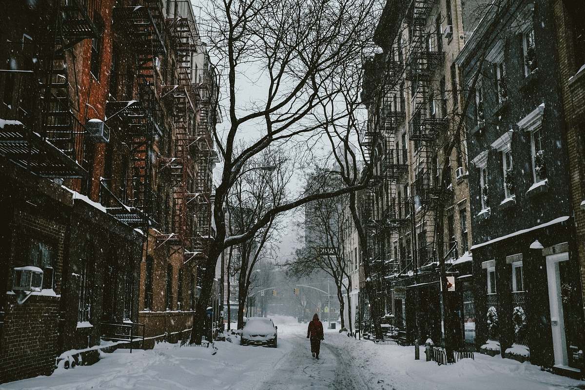 winter person walking between buildings near withered tree snow